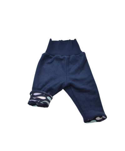pantalon leggings reversible  en polaire coton bio  certifie GOTS bleu marine et motif baleines