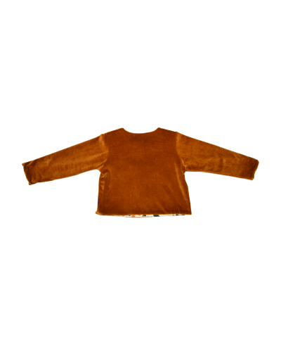 gilet manches longues en coton bio exterieur cognac, doubluremotif terrazzo bébé
