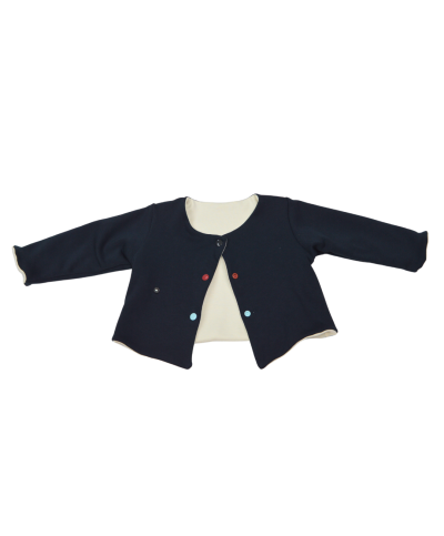 gilet bebe manches longues reversible bleu ecru coton bio