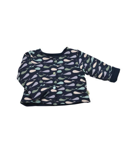 gilet reversible en polaire 100% coton bio GOTS bleu marine doublure motif baleines