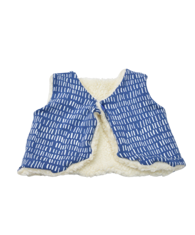 Gilet du berger réversible motif trait blanc sur fond bleu en coton bio certifié GOTS made in France.
