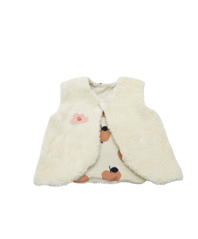 gilet du berger en fausse fourrure réversible motif pomme en coton bio certifié GOTS made in France