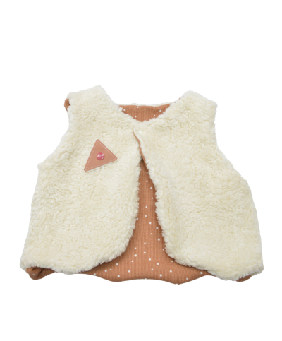 gilet du berger en fausse fourrure en coton bio certifié GOTS made in France motif point blanc sur fond pêche