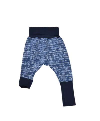 sarouel évolutif en coton bio certifié GOTS made in France motif petits traits sur fond bleu