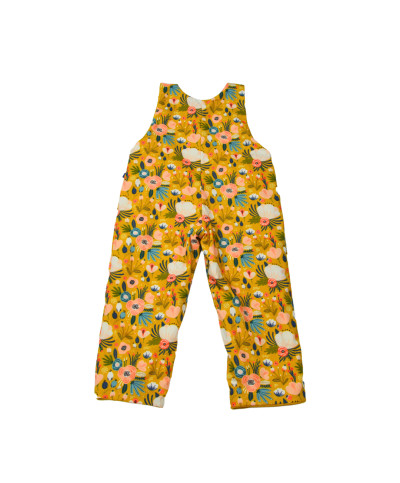 salopette évolutif en coton bio certifié GOTS made in France motif fleur ocre doublon molleton moutarde