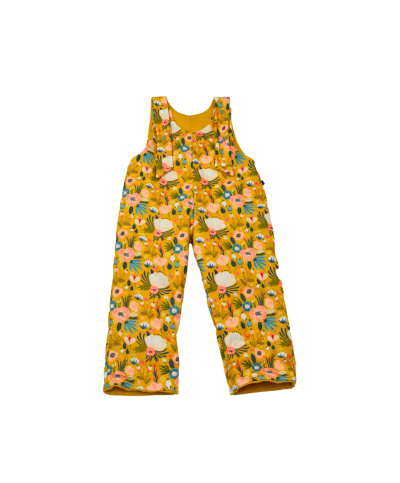 salopette réversible en coton bio certifié GOTS made in France motif fleur ocre doublure molleton couleur moutarde