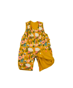 salopette évolutif en coton bio certifié GOTS made in France motif fleur ocre doublure molleton moutarde