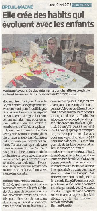 Article sur Kidiakdo du Sud Ouest avril 2018